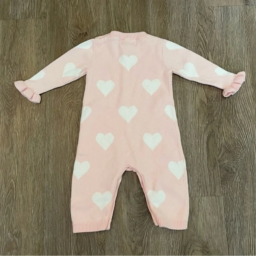 Good Lad Pink Knit Long Sleeve Heart Print Onesie Ruffle Valentines Size 6 Month